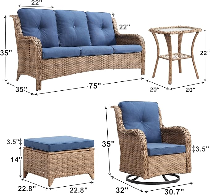 Outdoor Wicker Patio Furniture Set - 6 Piece Rattan Patio Conversation Set with 2 Rocking Swivel Chairs,2 Ottomans,1 Sofa and 1 Side Table for Porch Deck Backyard Garden(Yellow/Blue)