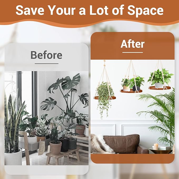 SUREAM 2 Packs Hanging Planters Holder, Hanging Plant shelf with Wood Beads and Wood Tray for Indoor Outdoor Boho Home Decor, Ceiling Plant Hangers for Garden, Wall, Porch, Patio, Balcony, and Window