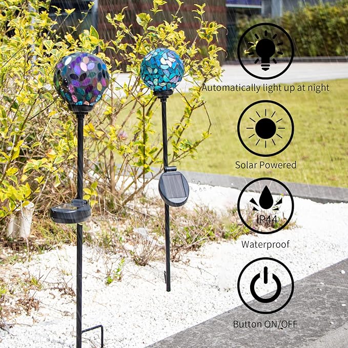 VCUTEKA Solar Garden Decorative Lights Outdoor, Mosaic Solar Light Waterproof LED Pathway Stake Light for Landscape Patio Yard Deck Walkway Decoration, 2 Pack （Blue&Purple）