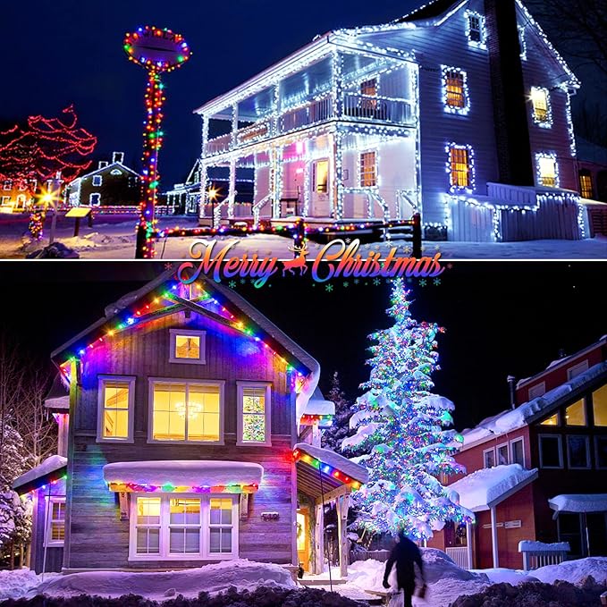 JMEXSUSS 2 Pack White and Multicolor Solar Christmas Lights, Total 400 LED 151FT Color Changing Solar String Lights Outdoor Waterproof for Outside Yard Tree Christmas Decorations