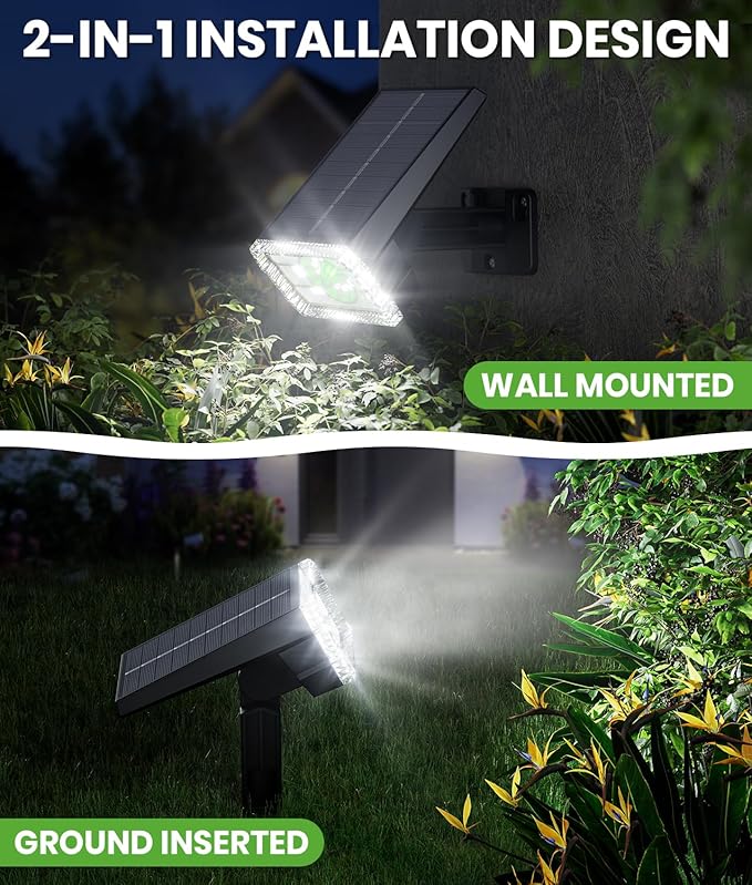 Bright Solar Spot Lights Outdoor, [58 LED/12000K/3 Modes] Solar Lights Outdoor Waterproof IP67, Auto On/Off, 2-in-1 Wall Light Flood Light for Tree Yard Garden Pathway, 2 Pack