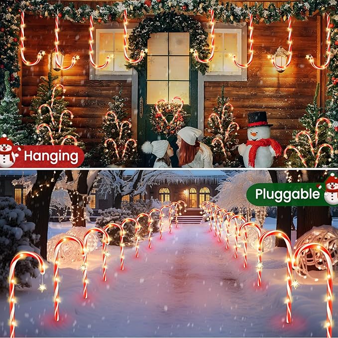 WdtPro Outdoor Christmas Decoration, 24 Pack 56FT Solar Powered 144 LED Bright Christmas Candy Cane Pathway Lights with Stakes, 10 Modes Waterproof Christmas Lights Outside Decorations for Yard Garden