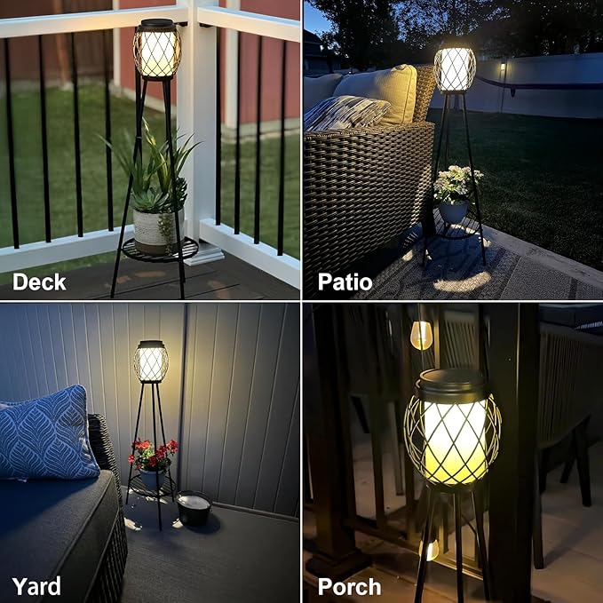 Solar Lights Outdoor with Plant Stands 2 Pack, Solar Floor Lamp Metal Tripod Patio Lights for Garden Yard Pathway Driveway Front/Back Porch Decoration