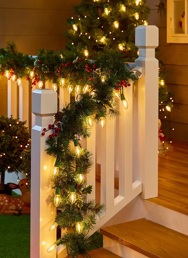 Vintage C9 LED Christmas Lights Outdoor Warm White, 50 Feet C9 String Lights for Christmas Tree Roofline Holiday Party Indoor Outdoor Garden Patio Backyard Cafe Xmas Decoration, Green Wire