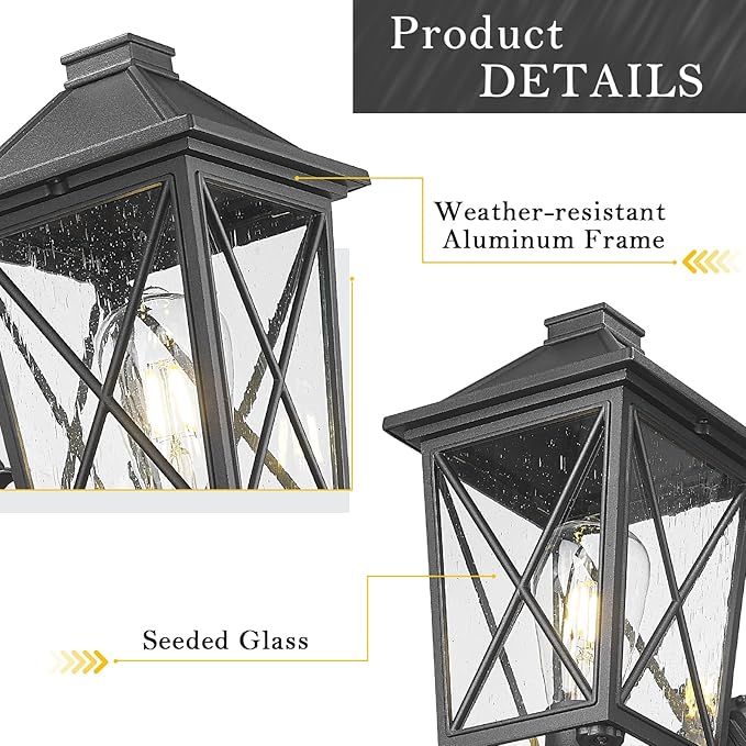 Darkaway Outdoor Wall Light Fixture,2pcs Outside Porch Lights Wall Mounted Seeded Glass Exterior Waterproof Lantern Modern E26 Socket Wall Sconce Lighting for Front Door Yard Patio