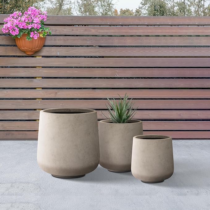Kante 15.3"+11.6"+8.2" Dia Round Concrete Planter, Large Outdoor Indoor Planter Pots Containers with Drainage Holes and Rubber Plug for Home Garden Patio, Buff Concrete