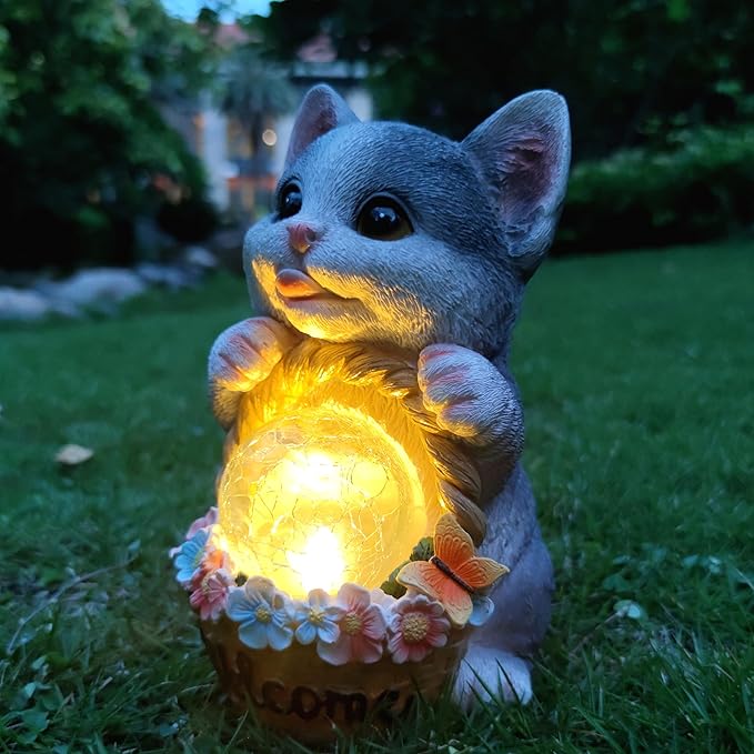 Solar Cat Garden Outdoor Statues,Resin Cat Figurine Carrying Flower Basket and Magic Orb with Solar LED Lights, Lawn Decor Outdoor Statue for Patio, Balcony, Yard Ornament,Gifts for Mom