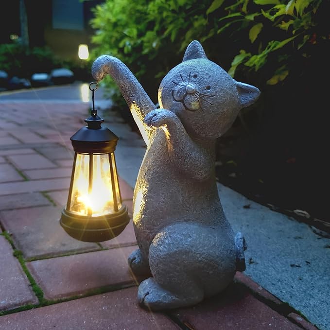 Cat Solar Garden Statues,Resin Cat Figurine Decorations with Solar Lights Lantern, Outdoor，Statue Decor Art for Lawn,Yard,Unique Housewarming Gift for Garden Home