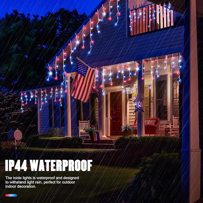 JMEXSUSS Icicle Lights for 4th of July Decor, 400 LED Red White and Blue Icicle Lights for Outside, 38.8 Ft Independence Day Icicle String Lights Indoor Outdoor Holiday Christmas American Flag Decor