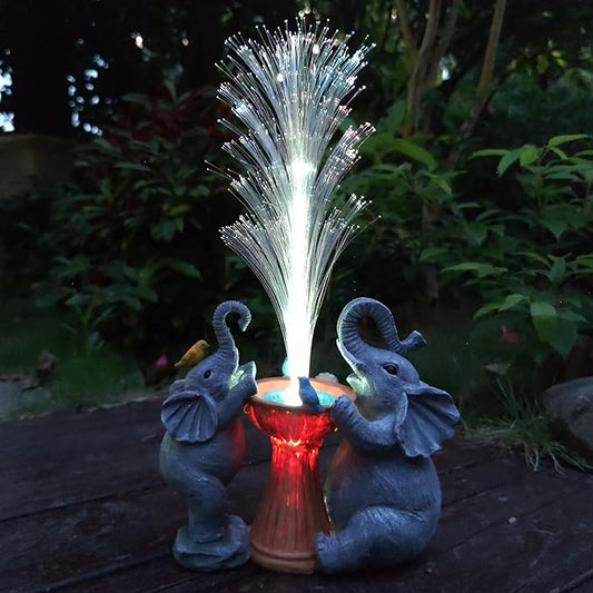 Elephant Statue Solar Garden Decor,Resin Elephant Statue and Colour Changing Optical Fiber Solar Lights,Outdoor Decor for Balcony, Garden, Patio, Yard, Lawn, Gifts for Mom Grandma
