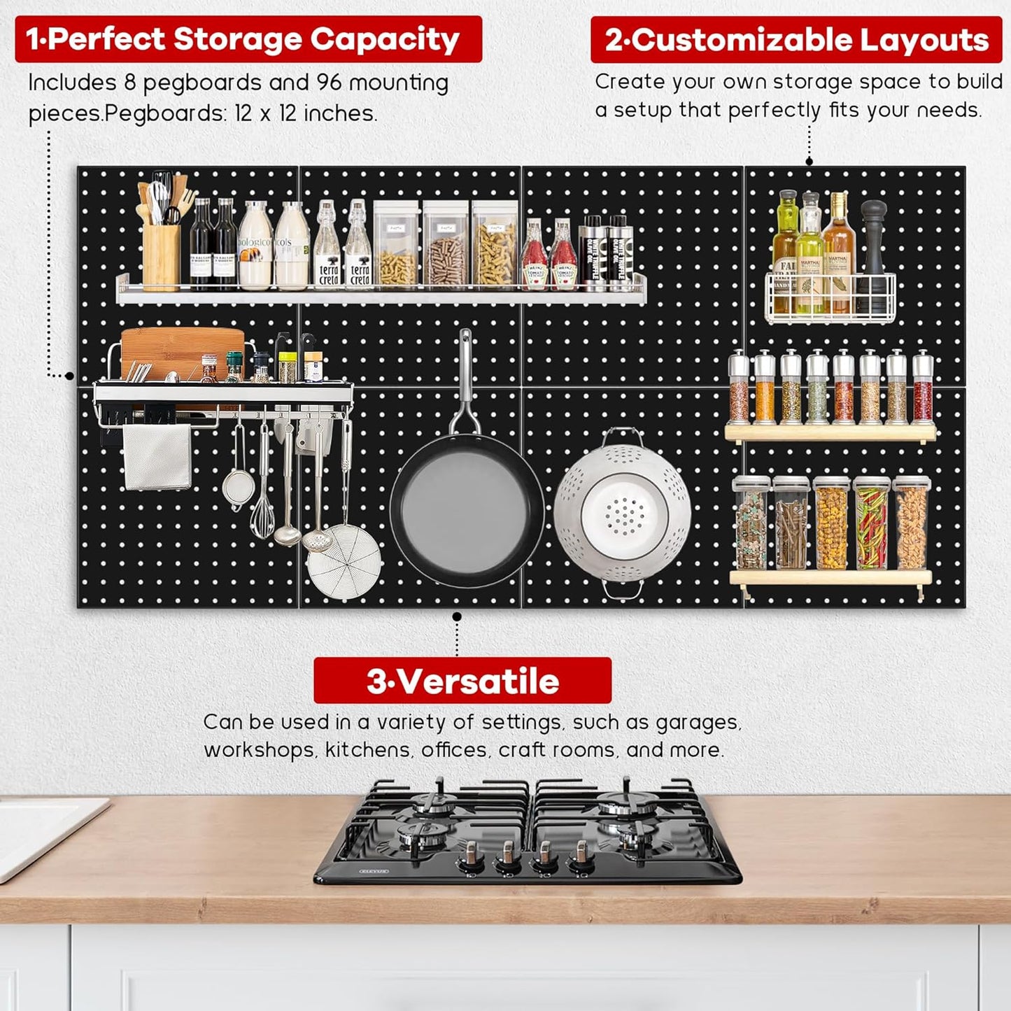 4 Pack Black Metal Pegboard Panels, Heavy Duty Steel Peg Boards Wall Organizer with Screw, Anchors and Washer Accessories for Garage, Tool Storage, Office Organization, Craft Room, Kitchen