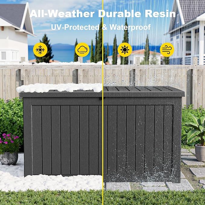 230 Gallon Outdoor Deck Box,Storage Lockable Waterproof Patio Furniture,Garden Tools,Cushions,Pool Accessories Outside Storage Resin Box(Black)