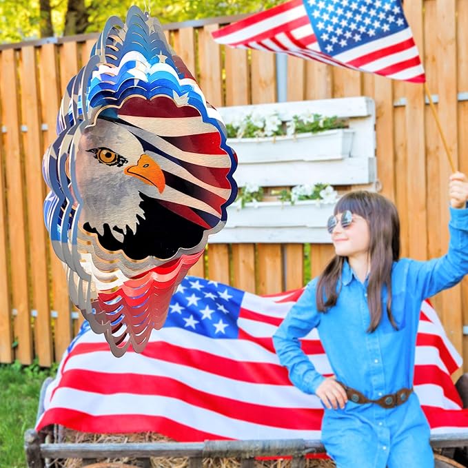 Wind Spinner - American Flag Eagle Wind Spinners, Hanging Wind Sculptures, 12in 3D Metal Birds Wind Catcher, Outdoor Garden Decor Yard Art Patriotic Decoration Eagle Gifts for Men Women