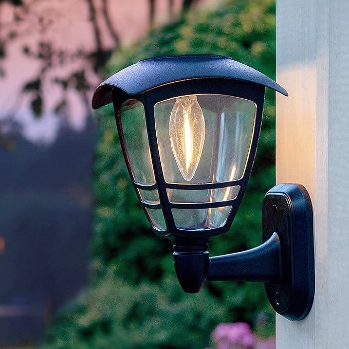 MAGGIFT 4 Pack Solar Powered Wall Lantern, Outdoor 10 Lumen LED Edison Bulb Warm White Solar Lights Wall Sconce with No Wiring Required, Fixture with Wall Mount Kit