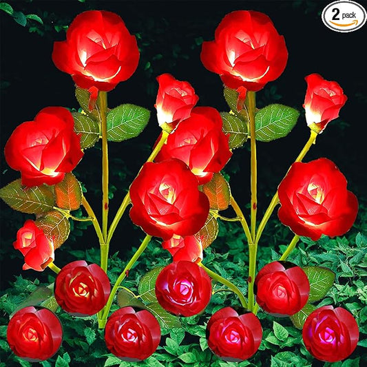 ANGMLN 2 Pack Solar Garden Lights, Solar Flower Lights Outdoor Waterproof with 10 Head Red Rose 7-Color Changing Landscape Light for Pathway Garden Patio Yard Valentine's Day Christmas Decoration