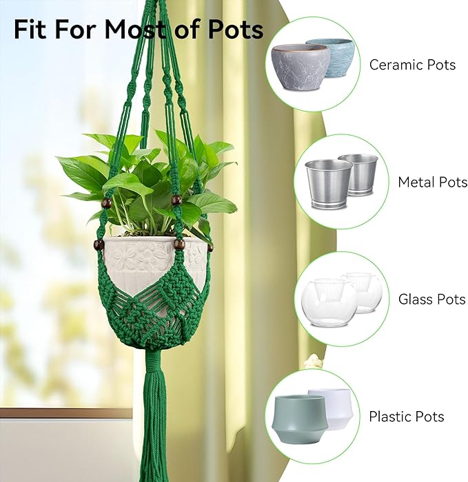 USLAI Macrame Handmade Basket Plant Hanger (2-Pack), for 3-8 Inch Pots, Indoor Outdoor Strong Hanging Planter Flower Pot Holder with Beads and Tassels, Boho Home Decor (POTS NOT Included) (Green)