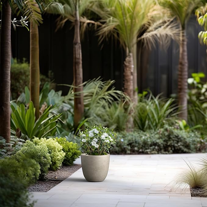 Kante 10 Inch Dia Round Concrete Planter, Indoor Outdoor Large Plant Pot with Drainage Hole and Rubber Plug for Home Patio Garden, Buff Concrete