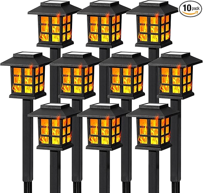 GIGALUMI Solar Lights for Outside,10 Pack Flickering Flame LED Solar Outdoor Lights, Waterproof Solar Garden Lights Maintain 10 Hours of Lighting for Christmas, Garden, Landscape, Path, Yard, Patio