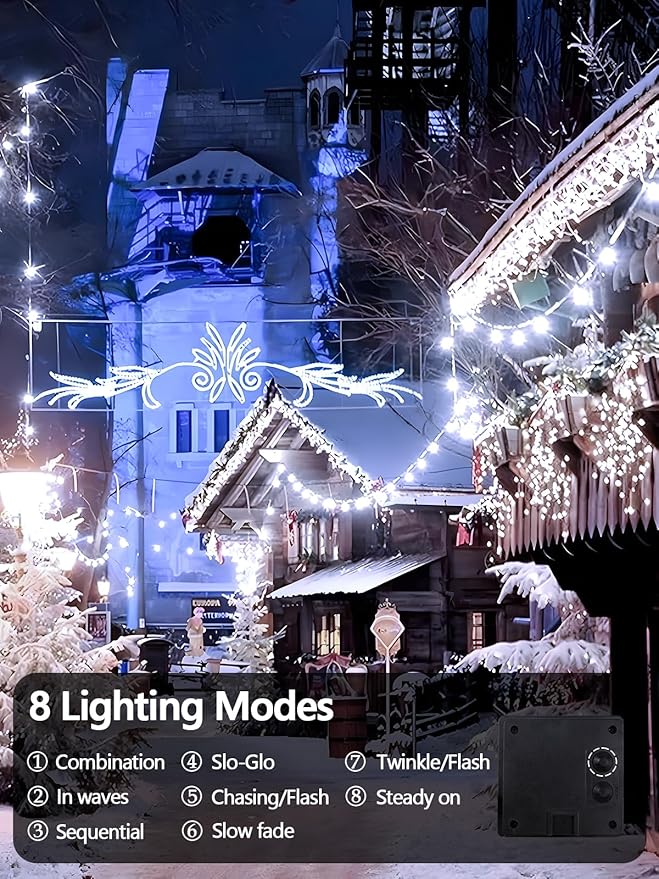 EEW 2-Pack 200 LED Solar String Lights for Outside, Solar Christmas Lights with 8 Lighting Modes, Waterproof Green Wire Solar String Lights Outdoor for Tree Xmas Party Garden Decorations (Cool White)