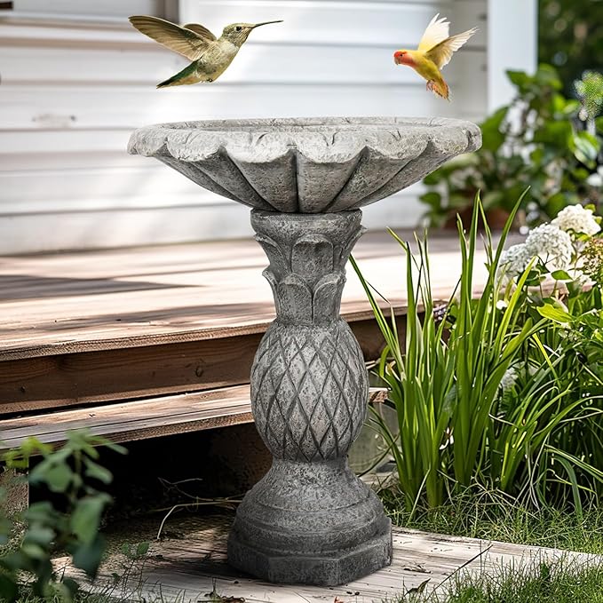 SunJet 24.8 Inch Heigh Concrete Bird Bath with Pineapple Texture – birdbath Sturdy & Elegant Design, Vintage Freestanding Style, Attracts Birds and Enhances Garden, Patio, Yard, Lawn Décor