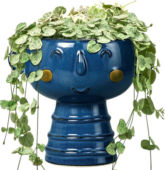 Face Planter Pot Head 7 Inch - Cute Ceramic Head Planter for Indoor Outdoor Plants Unique Flower Pot with Drainage Hole Gift Ideas for Christmas Blue
