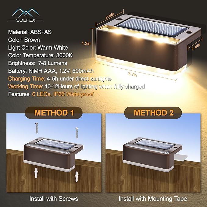 SOLPEX Solar Fence Lights, 6 LEDs Solar Lights Outdoor Waterproof Solar Powered for Deck, Stair, Front Porch, Balcony, Walkway, Garden, Yard, Patio, Pool Decor, IP65 Waterproof (4 Pack, Warm White)
