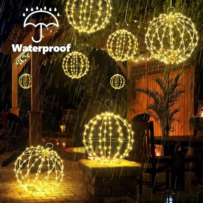 Outdoor Decorations Hanging Ball Lights 2PCS - 12 Inch Connectable Hanging Tree Globe 120 LED Fairy Lights with 8 Lighting Modes,Timing Function Waterproof Indoor Outdoor (Warm White, 2pcs)