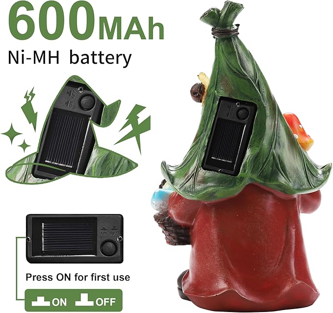 Mushroom-Picking Gnome Solar Garden Statue with 3 LED Lights, Set with 1 Gnome and 2 Small Mushroom, Lovely Garden Gnome Set for Patio, Yard, Lawn Ornament, Outdoor Decor