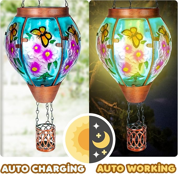 4 Pack Solar Hot Air Balloon Lantern with Flame， Butterfly Glass Outdoor Solar Lanterns for Outside Hanging Farmhouse Patio Pathway Decor, Butterfly Gifts for Women Grandma Mom - Butterfly