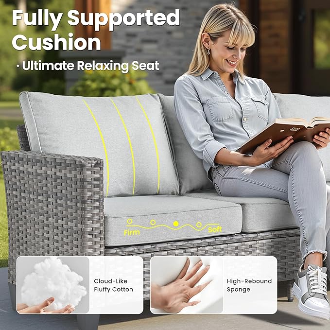 ovios 7 Pieces Patio Furniture Set with 42" Fire Pit Table, Outdoor Wicker Sofa with Swivel Chairs, All Weather High Back Rattan Couch Conversation Set, Grey