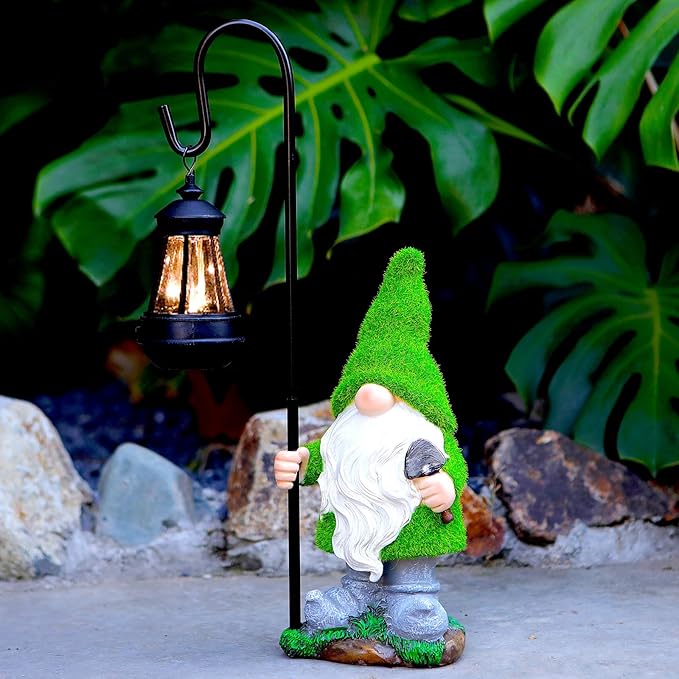 Flocked Garden Gnome Statue, Large Outdoor Gnome with Solar Lights, Funny Garden Figurines for Outdoor Home Yard Decor (15.8 Inch Tall)