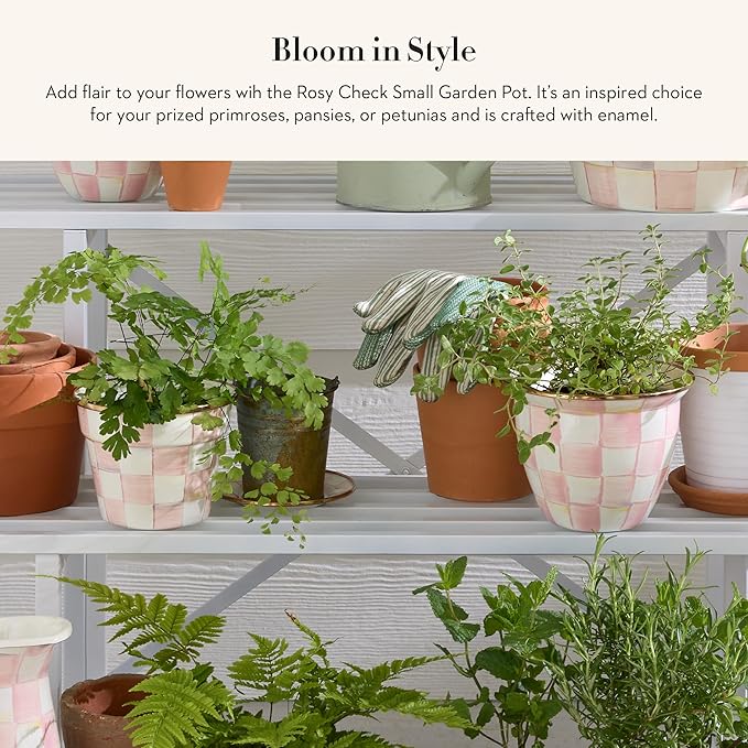 MACKENZIE-CHILDS Enamel Garden Pot, Decorative Pot for Plants, Outdoor Flowerpot Decor, Small, Pink-and-White Rosy Check