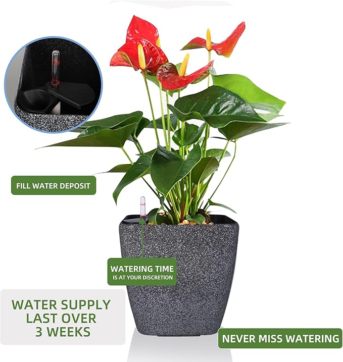 Dexceder 18x17 Self Watering Planter with Wheels Indoor Outdoor, Inner Mat Design, Thickened Large Floor Standing Flower Plant Pot with Water Level Indicator (Stone Matte)