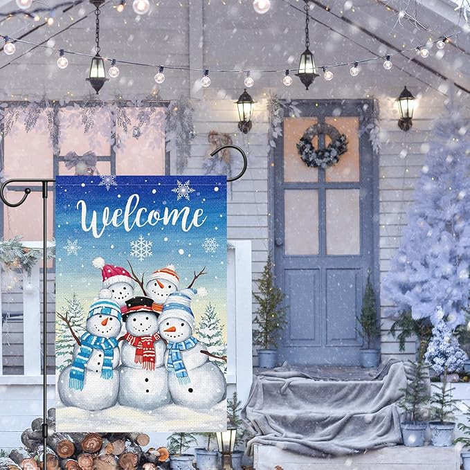 Welcome Winter Garden Flag Double Sided Sonwman 12x18 Inch Small Burlap Welcome Holiday Yard Outdoor Outside House Decoration