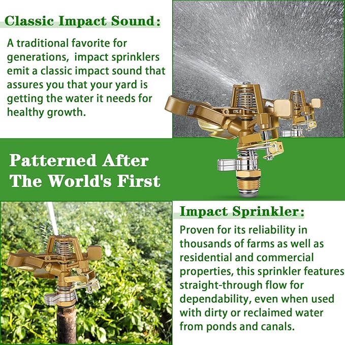 Ferraycle 4 Pieces 1/2 Inch Brass Impact Sprinkler Head with Nozzles Heavy Duty Adjustable 0-360 Degrees Impulse Sprinkler Head Lawn Watering for Yard Irrigation