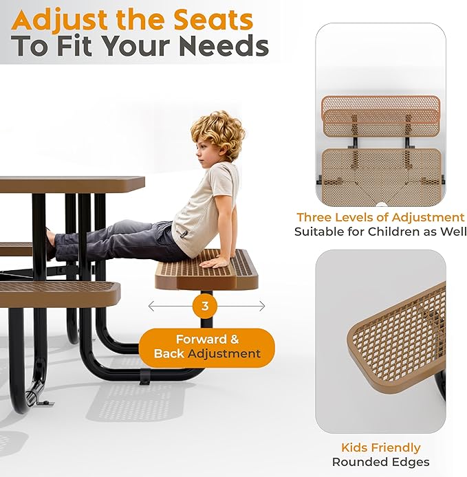 Metal Picnic Tables for Outdoors with Umbrella Hole - Coated Steel Heavy Duty Commercial Grade Table with Adjustable Seats (Brown, 46 in, Square, Expanded Steel)