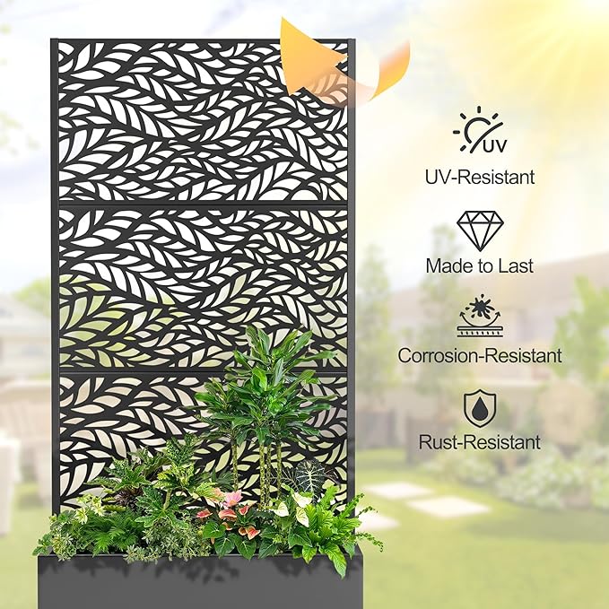 Raised Garden Bed with Trellis and Wheels,73"x35"x16" Metal Raised Garden Bed,Black Flowing Leaf Metal Planter with Climbing Trellis for Vines & Vegetables