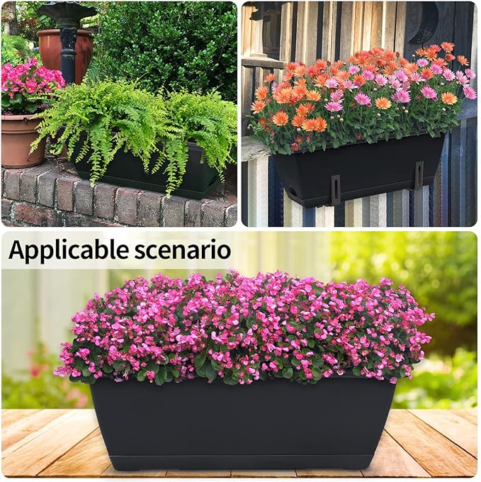 Window Box Planter, 10 Pack Plastic Vegetable Flower Planters Boxes 17 Inches Rectangular Flower Pots with Saucers for Indoor Outdoor Garden, Patio, Home Decor (Black)