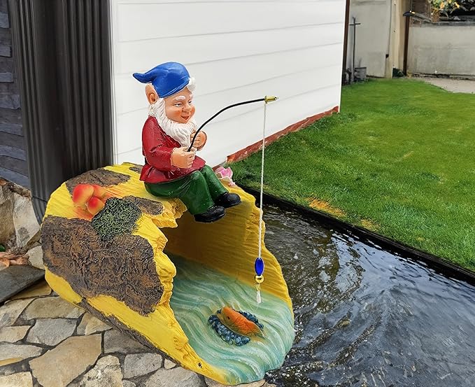 Gnome Fishing 3" x 4" Gutter Downspout Splash Block Decor, Outdoor Garden Animal Statue & Sculpture, Weather-Resistant Gutter Diverter Rain, Decorative Gutter Extension Downspout Ornament