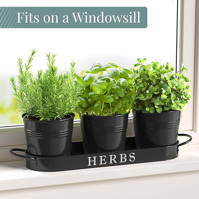 Barnyard Designs Indoor Herb Garden Planter Set with Tray, Metal Windowsill Plant Pots with Drainage for Outdoor or Indoor Plants, Set/3 (Black)