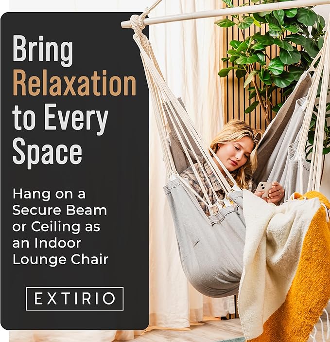 Hanging Hammock Chair Swing – Hanging Chair Outdoor & Indoor - Hammock Swing Chair – Quick & Easy Setup with Hardware Kit – Durable & Spacious Full Body Support – Holds 440 Lbs