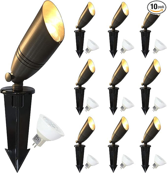 GKOLED UL Listed Solid Brass Landscape Spotlight, Low Voltage Outdoor Directional Uplight, with 5W MR16 LED Bulb & Large Rugged Slot Spike, 12V AC/DC Garden Patio Spot Up Light (10 Pack)