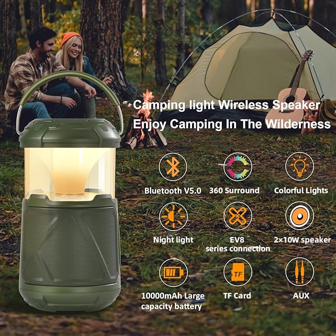 Outdoor Lantern Portable Bluetooth Speaker: IPX6 Waterproof Wireless Speaker with LED Light for Camping Patio Yard Party Hiking Gift for Men Women Father