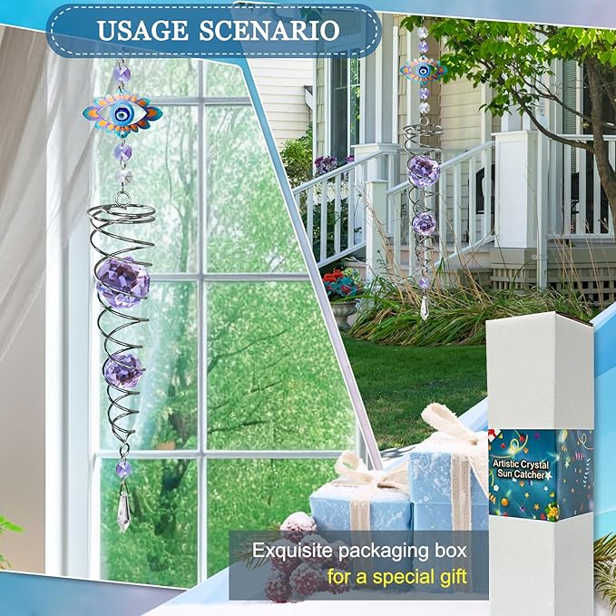 FONMY Evil Eye Gazing Ball Spiral Tail Wind Spinner Sun Catcher Rainbow Maker Silver Spiral W/Purple K9 Crystal Ball Christmas GifTree Hanging Ornament Indoor Outdoor Garden Decor. 19.5inch H