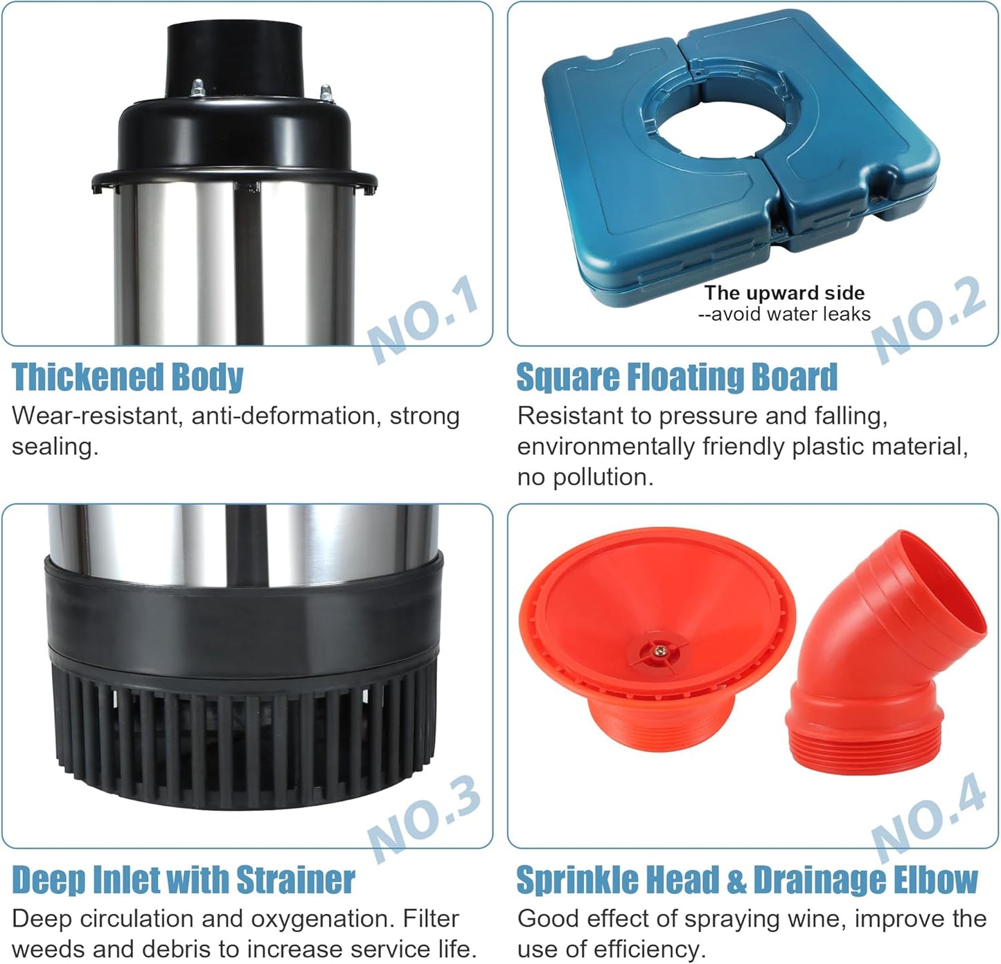 Goldlife Pond Fountain Aerator, F2-2 1HP 750W 110V Stainless Steel Floating Fountain With 100 Feet Power Cord, Aerating Fountain Pond Cascade Pump for Small Large Ponds Lake Jet System