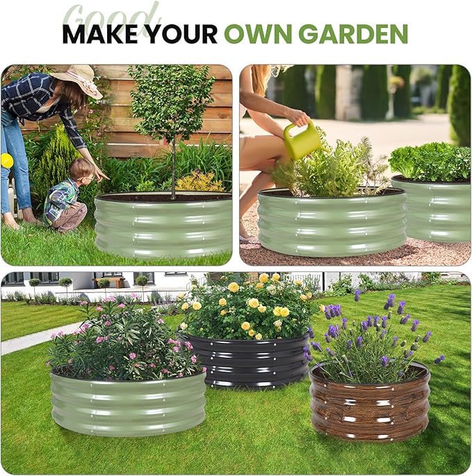 G GOOD GAIN Round Raised Garden Bed - 2Pcs 3x3x1ft Galvanized Steel Planter Boxes Outdoor with Rubber Edge Trim | Metal Raised Beds for Gardening Vegetables Flowers Fruits Herbs (Olive Green)