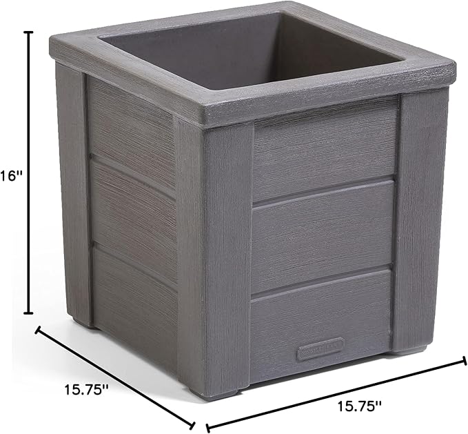 Step2 Lakewood Square Planter, Large Planters for Outdoor Plants, Gardening and Flower Pot for Patio or Porch, Efficient Drainage, Durable Plastic, Dark Cedar, 1-Pack