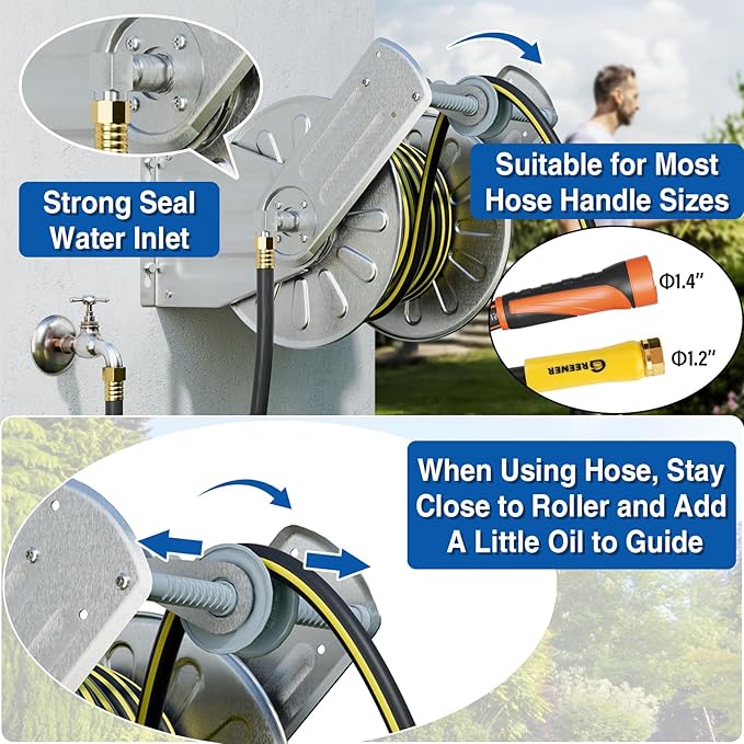 GREENER Stainless Steel Hose Reel For Outside,Wall Mount Garden Hose Holder Heavy Duty Metal Water Hose Reel, 3/4" Solid Connector with 5/8" Inlet Hose and Crank,80-Feet 1/2" Capacity