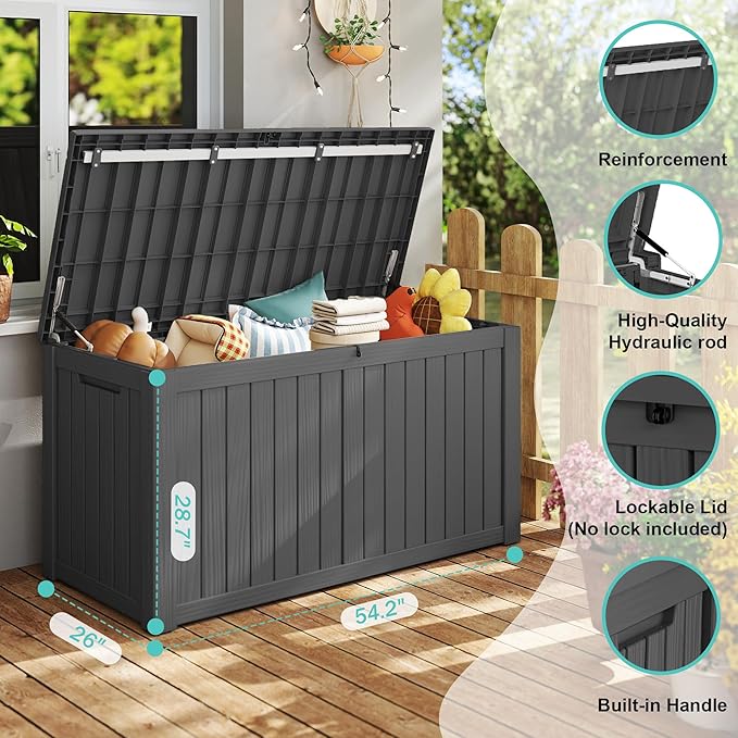 150Gal Outdoor Deck Box Waterproof, Lager Patio Storage Box Indoor and Outdoor Use, Lockable Resin Storage Bin for Patio Furniture Cushions Garden Tools, Package Delivery,UV Resistant-Black