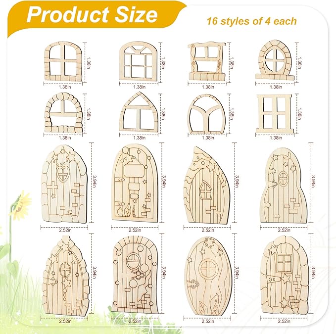 64 Pcs Fairy Door Mini Wooden Garden Doors Unfinished DIY Craft Fairy House Kit Unpainted Wood Miniature Door Blank Fairy House Doors and Windows for Home Office Wedding Party Decoration Accessories